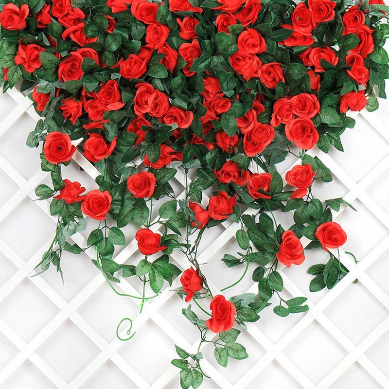 ZWYOQI 16 FT Fake Rose Vine Garland Artificial Flowers Plants Hanging Rose Ivy Home Hotel Office Wedding Party Garden DÃ©cor (Red/2PCS) - Image 4